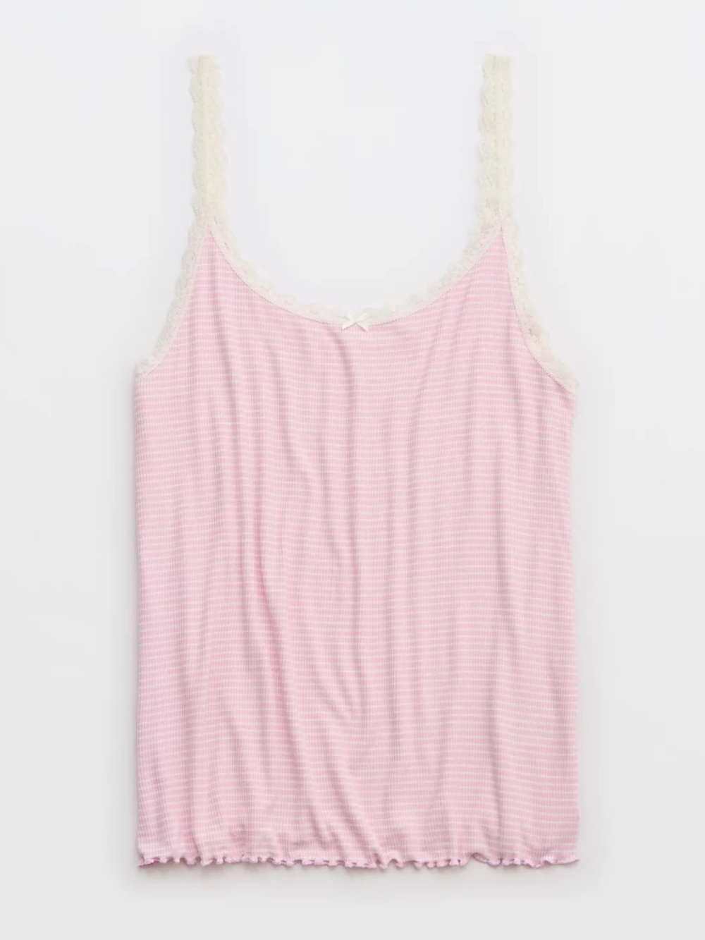 Aerie Real Soft Lace Trimmed Pink & White Striped Ribbed Tank Size Large